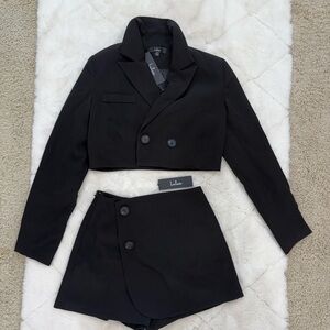 NWT Lulus "Suit 'Em Up" Black Double-Breasted Cropped Blazer and Skort Set- XS